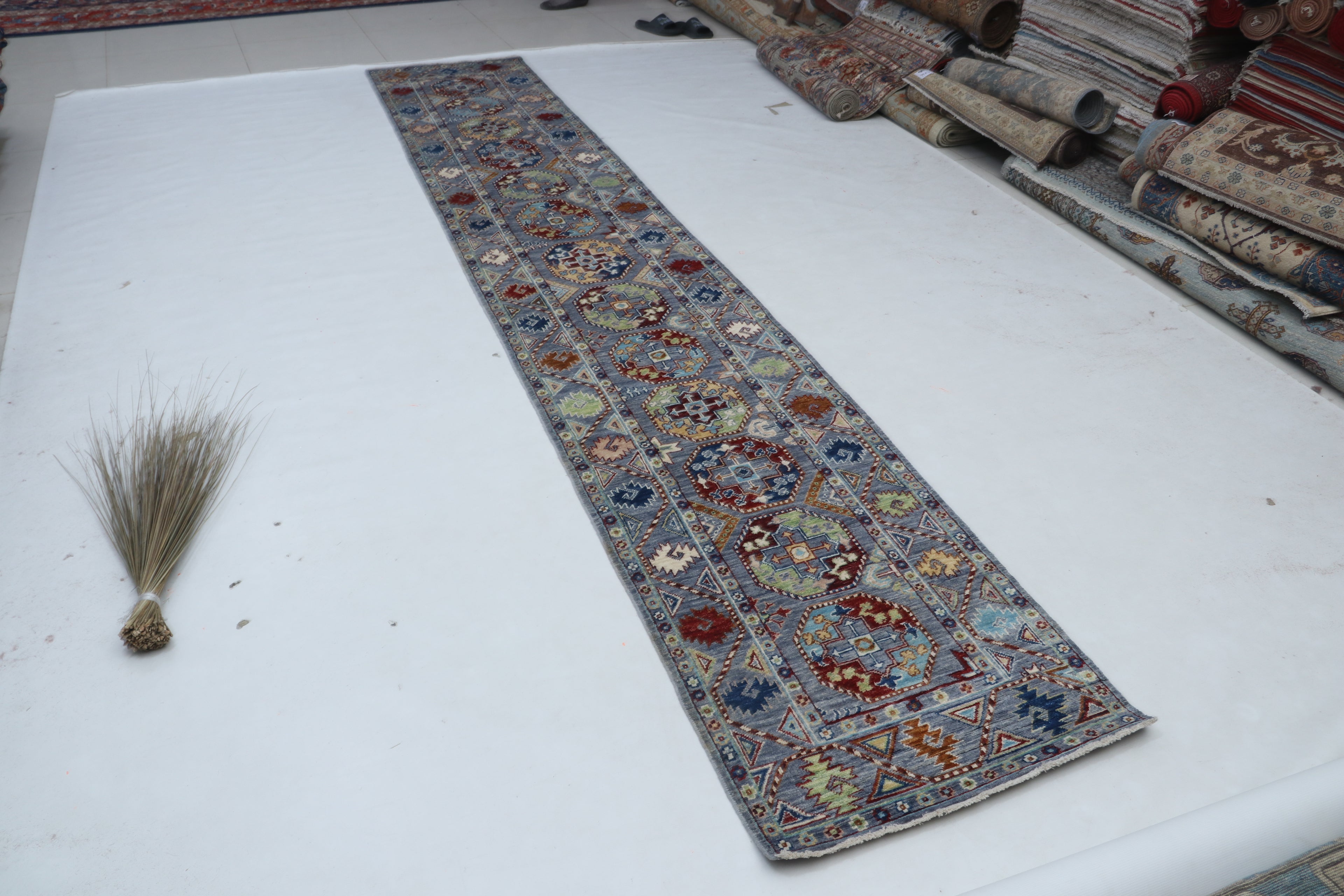 2x13 Gray Chobi Runner Rug | Handmade Wool & Cotton Floral Rug | Luxury Chobi Rug