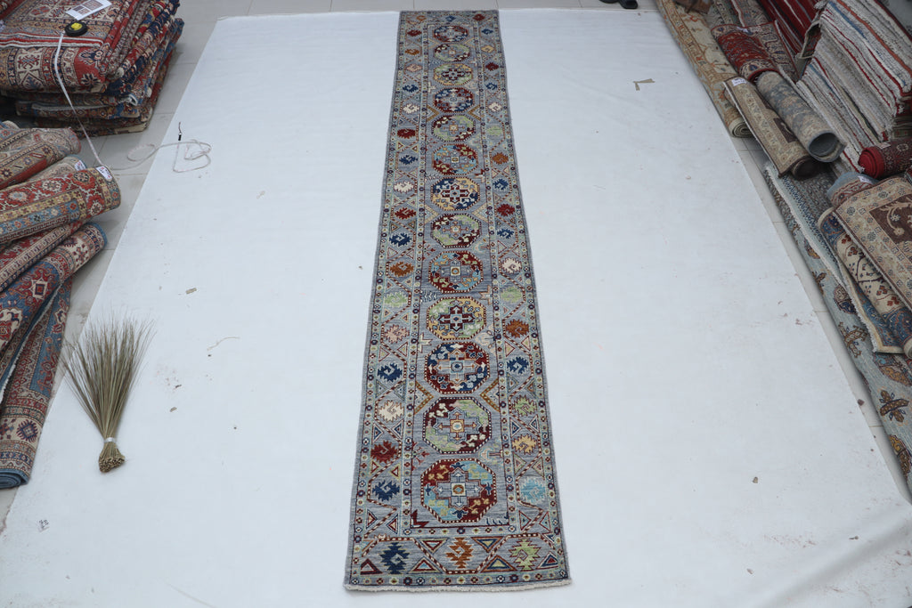 2x13 Gray Khurjeen Runner Rug | Handmade Rainbow Wool & Cotton Rug | Vegetable Dyed