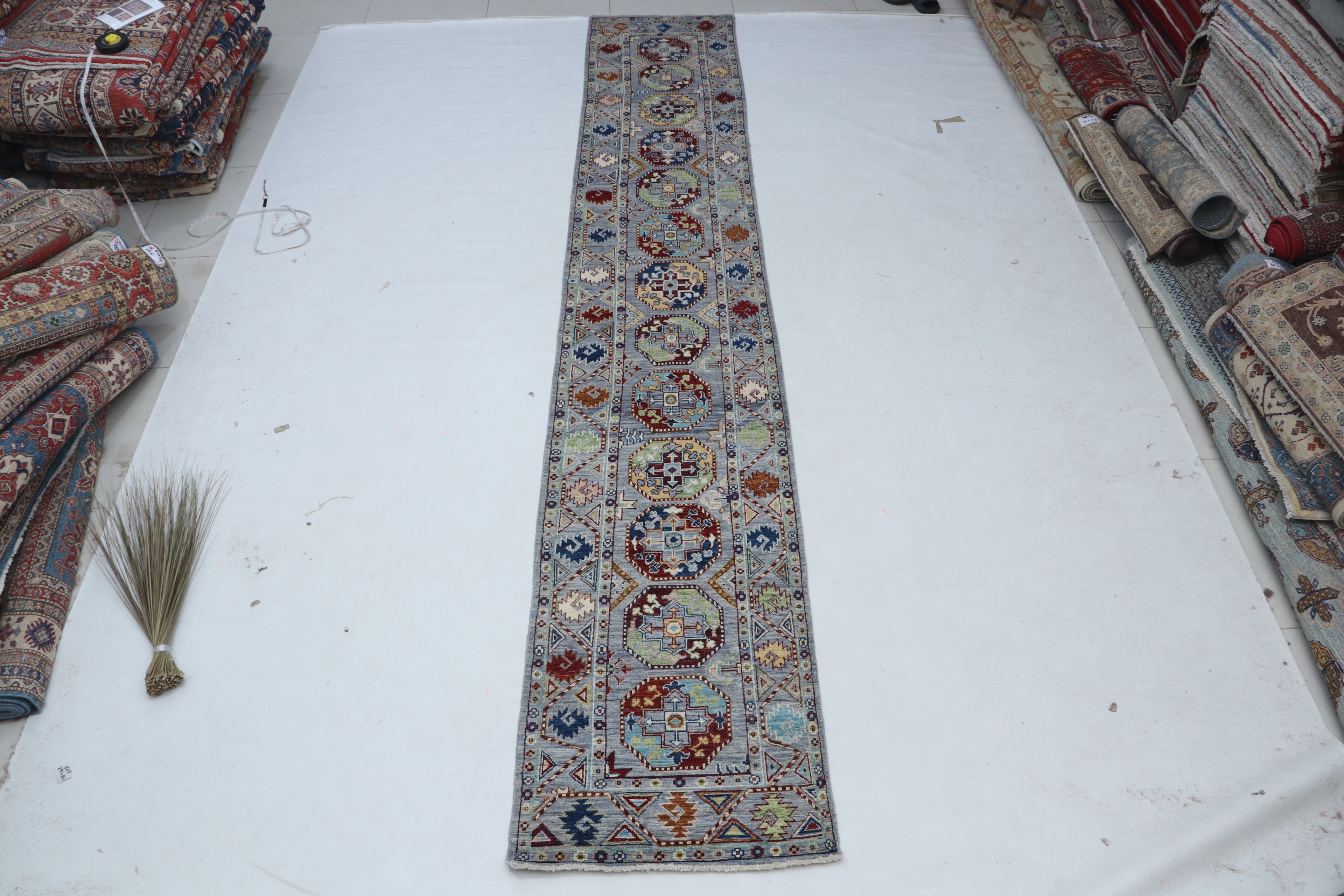 2x13 Gray Khurjeen Runner Rug | Handmade Rainbow Wool & Cotton Rug | Vegetable Dyed
