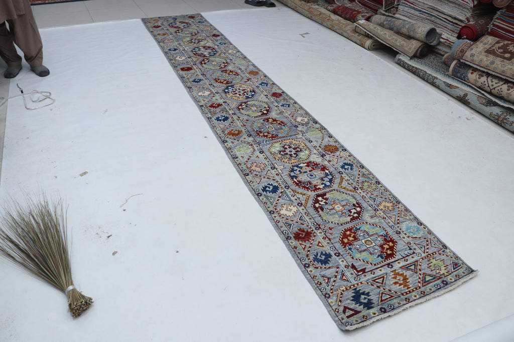 2x13 Gray Khurjeen Runner Rug | Handmade Rainbow Wool & Cotton Rug | Vegetable Dyed