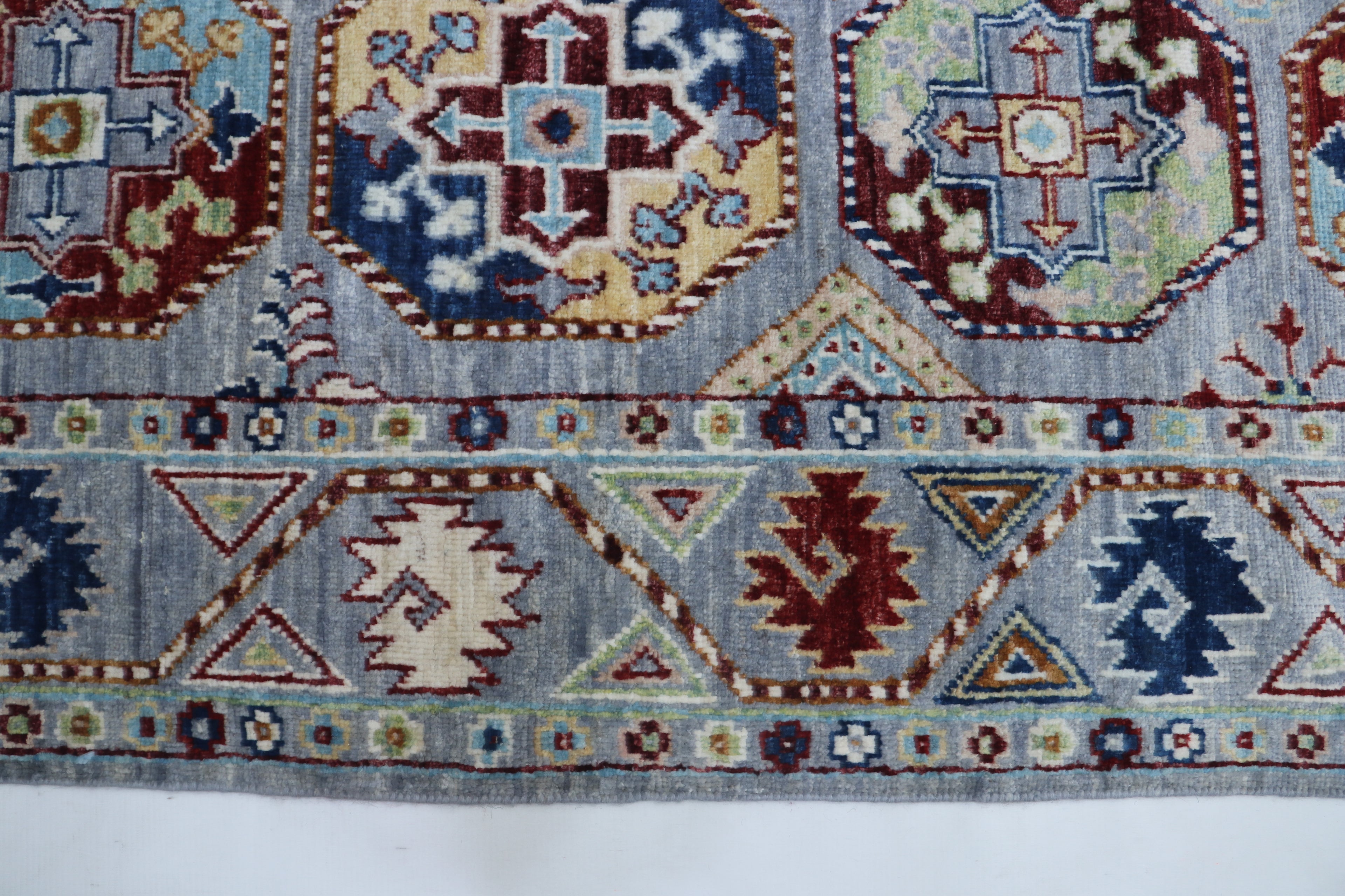 2x13 Gray Khurjeen Runner Rug | Handmade Rainbow Wool & Cotton Rug | Vegetable Dyed