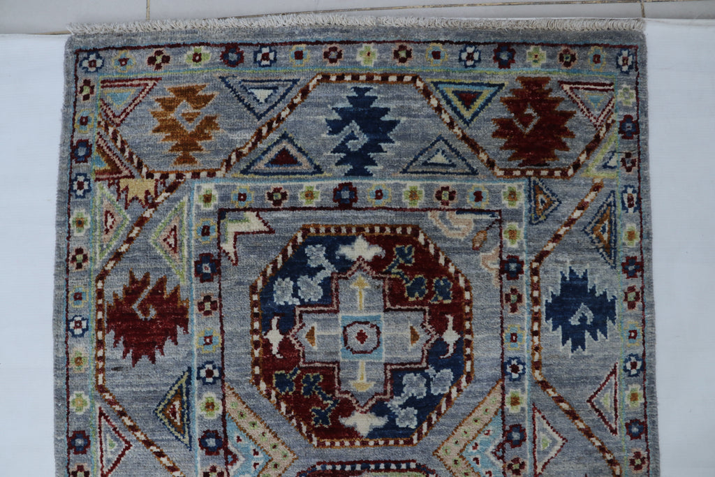 2x13 Gray Khurjeen Runner Rug | Handmade Rainbow Wool & Cotton Rug | Vegetable Dyed