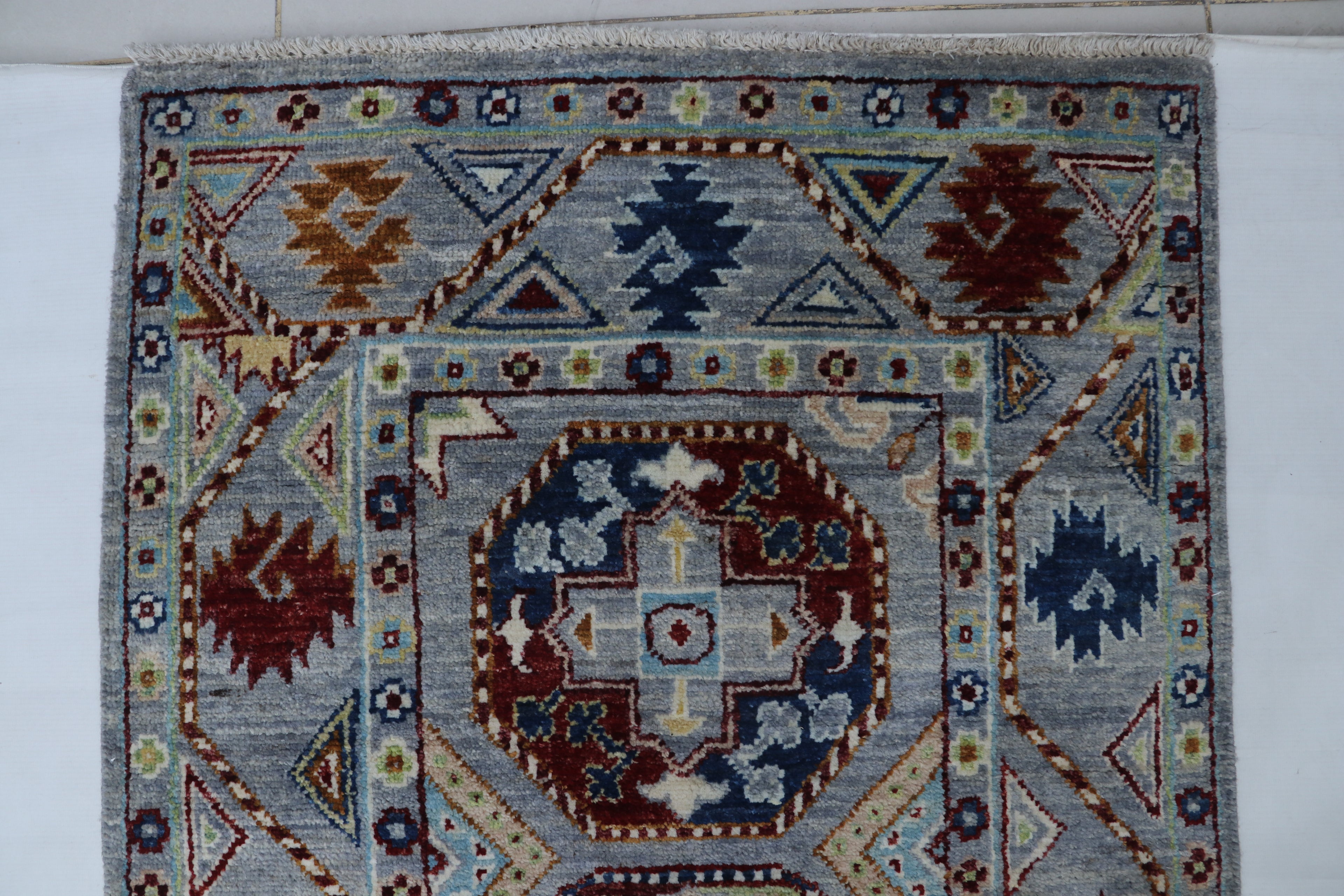 2x13 Gray Khurjeen Runner Rug | Handmade Rainbow Wool & Cotton Rug | Vegetable Dyed