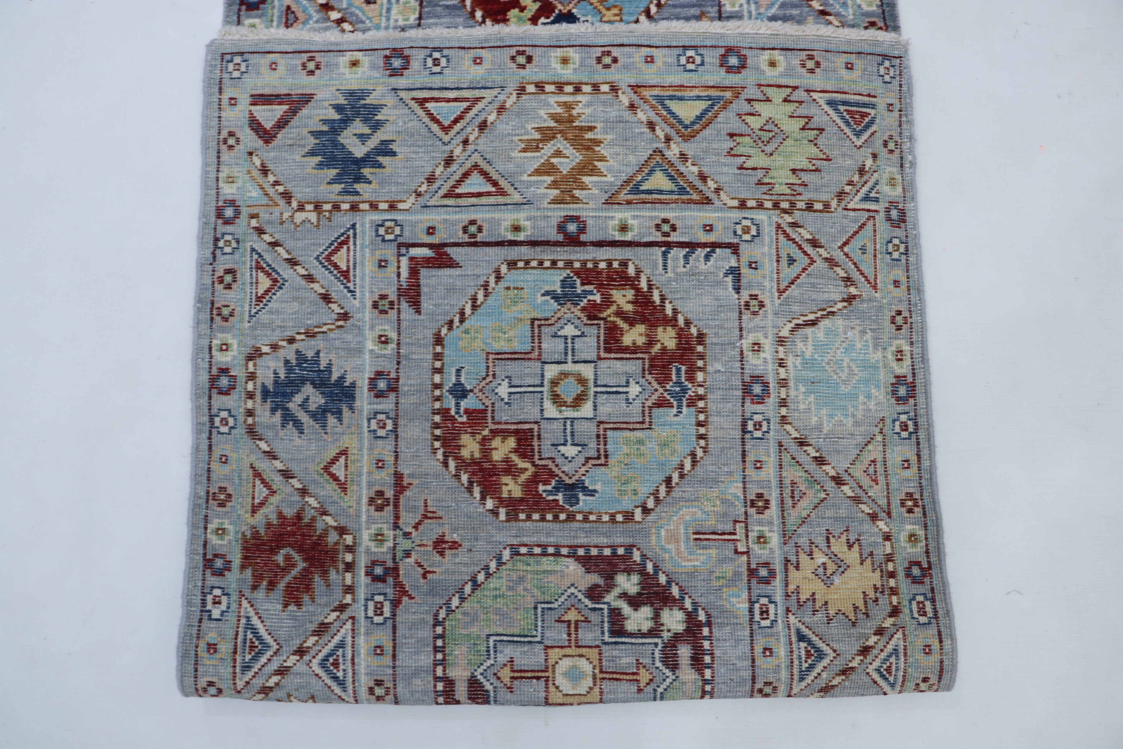2x13 Gray Khurjeen Runner Rug | Handmade Rainbow Wool & Cotton Rug | Vegetable Dyed