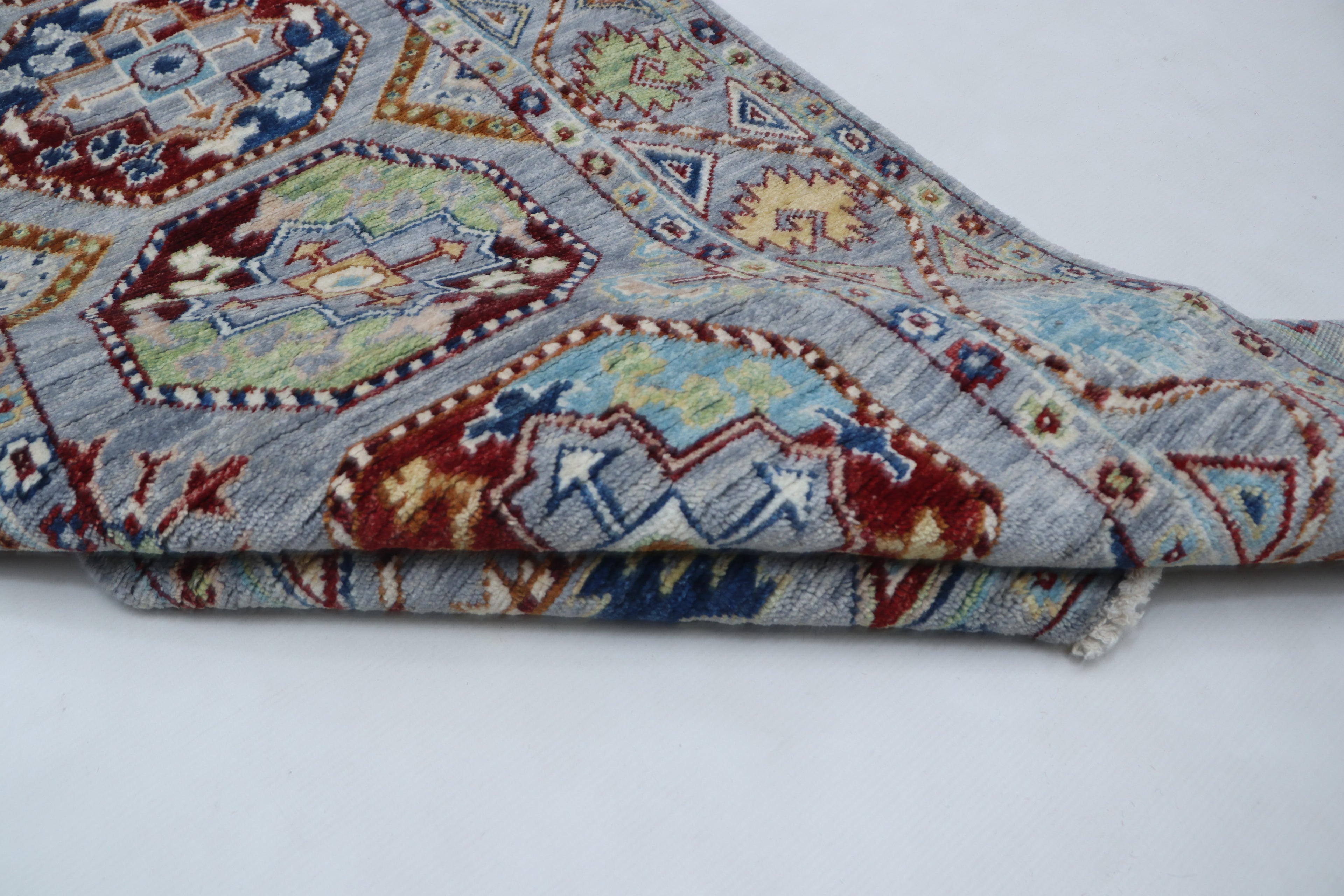 2x13 Gray Khurjeen Runner Rug | Handmade Rainbow Wool & Cotton Rug | Vegetable Dyed