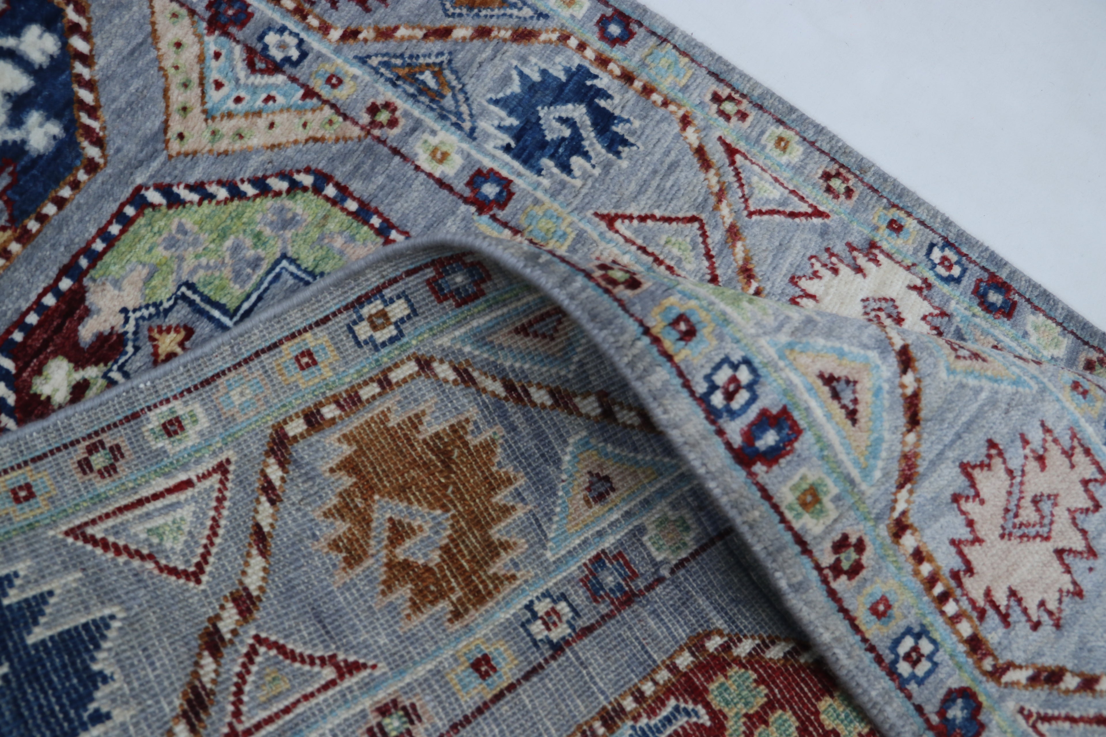2x13 Gray Khurjeen Runner Rug | Handmade Rainbow Wool & Cotton Rug | Vegetable Dyed