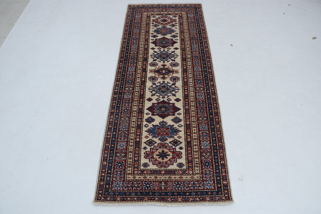 2x6 Beige & Red Super Kazak Geometric Handmade Cotton & Wool Runner Rug | Premium Luxury Runner Rug