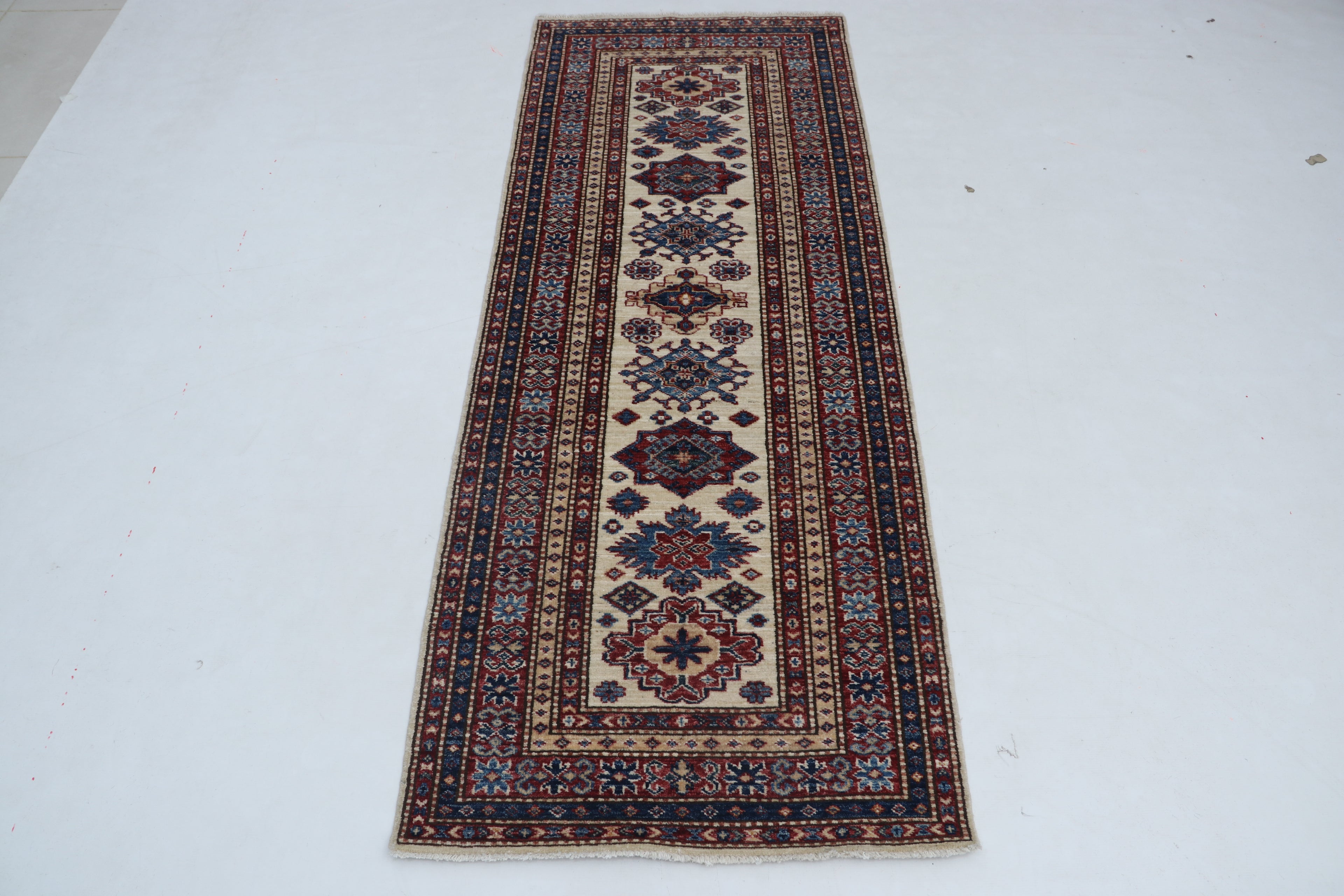 2x6 Beige & Red Super Kazak Geometric Handmade Cotton & Wool Runner Rug | Premium Luxury Runner Rug