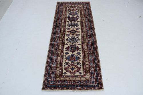 2x6 Beige & Red Super Kazak Geometric Handmade Cotton & Wool Runner Rug | Premium Luxury Runner Rug
