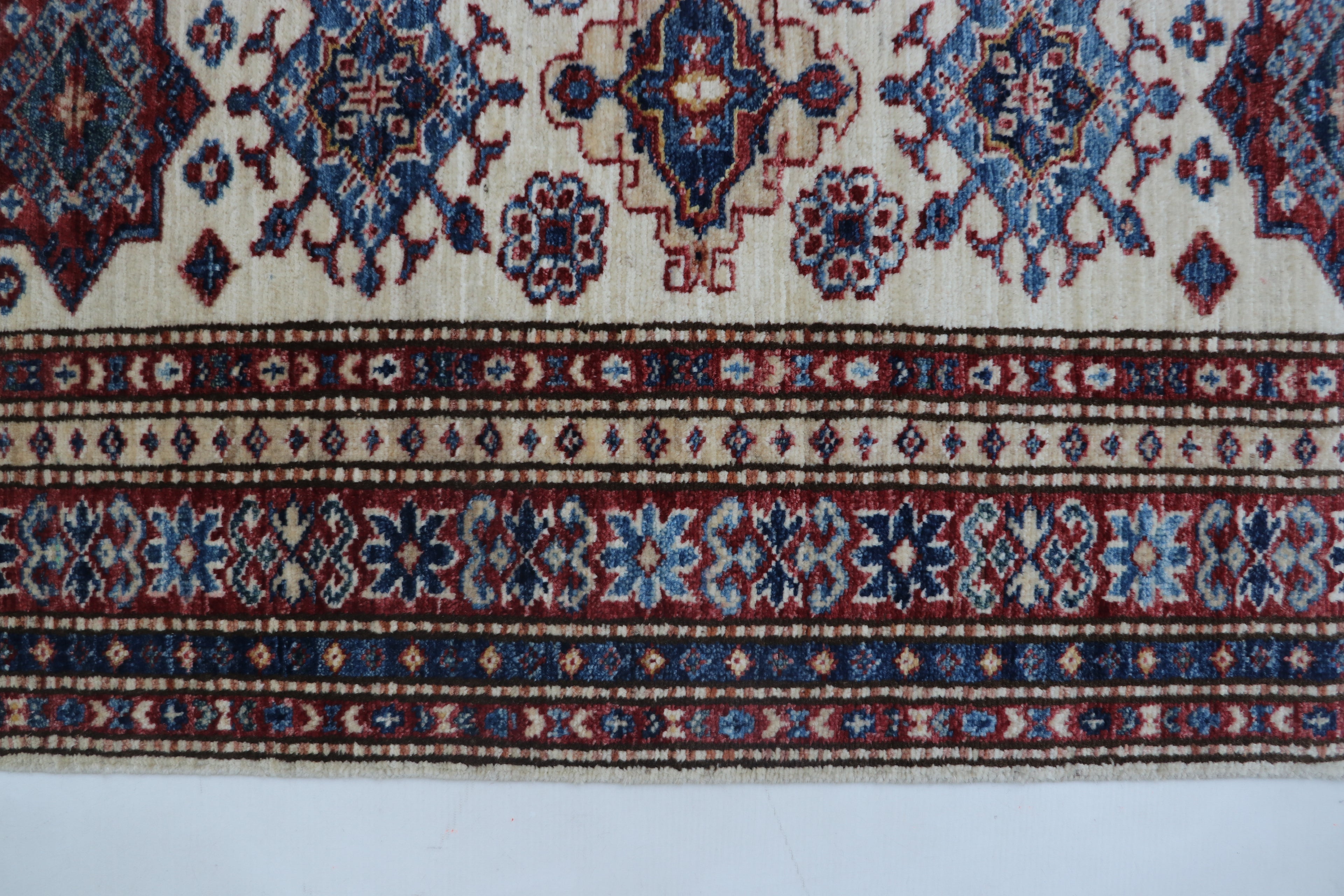 2x6 Beige & Red Super Kazak Geometric Handmade Cotton & Wool Runner Rug | Premium Luxury Runner Rug