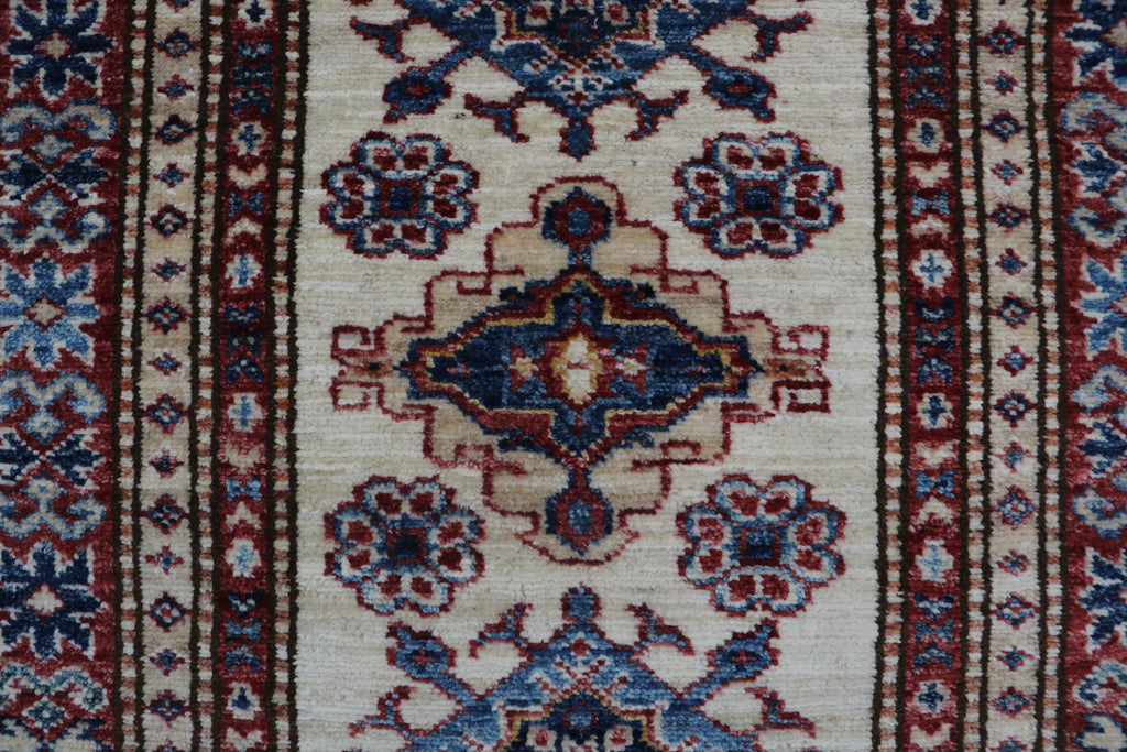 2x6 Beige & Red Super Kazak Geometric Handmade Cotton & Wool Runner Rug | Premium Luxury Runner Rug