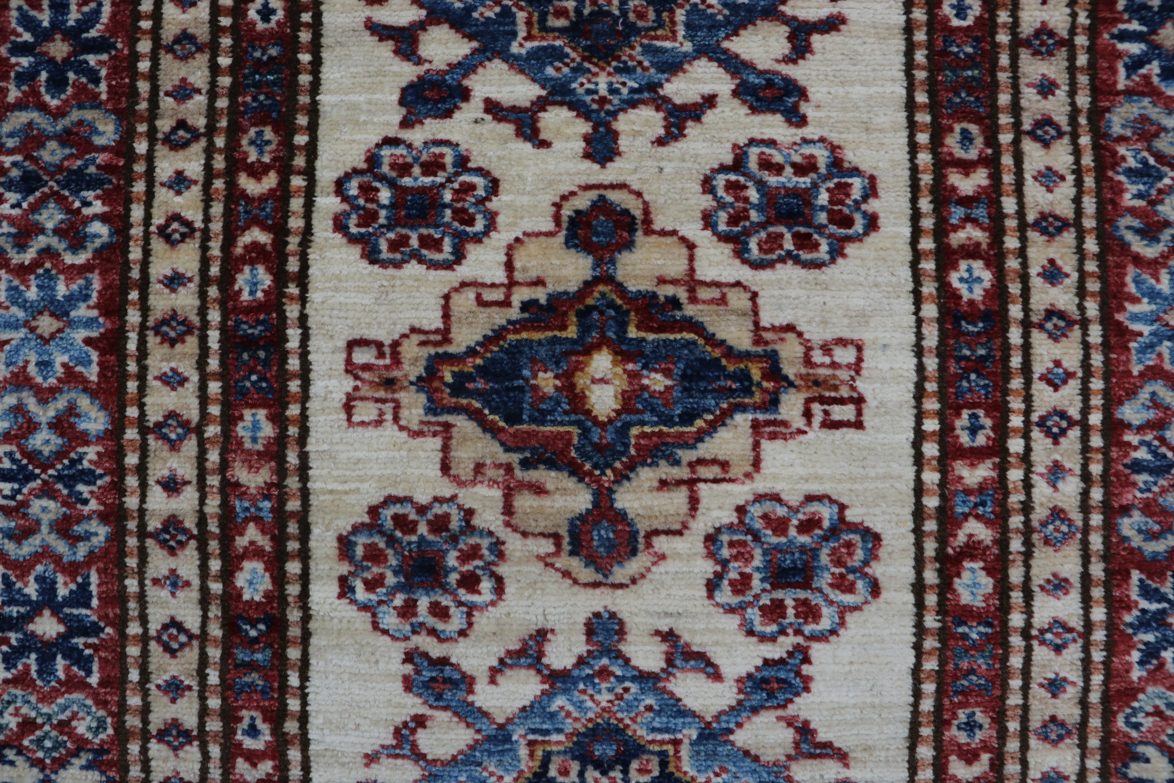 2x6 Beige & Red Super Kazak Geometric Handmade Cotton & Wool Runner Rug | Premium Luxury Runner Rug