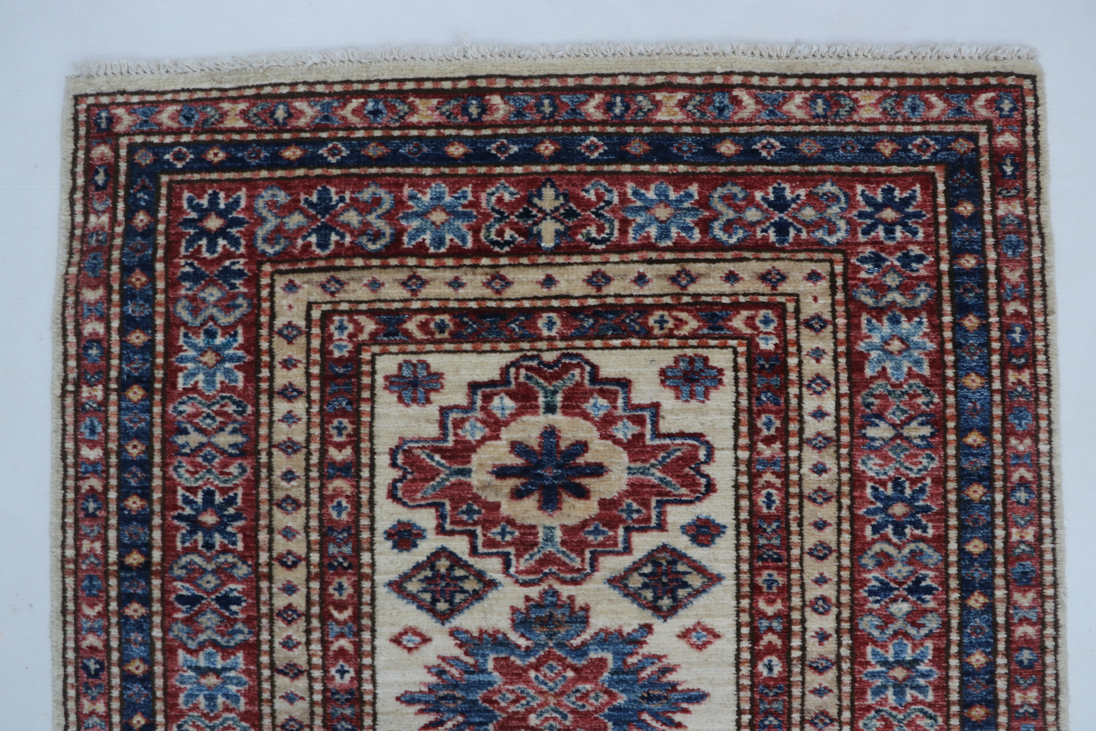 2x6 Beige & Red Super Kazak Geometric Handmade Cotton & Wool Runner Rug | Premium Luxury Runner Rug
