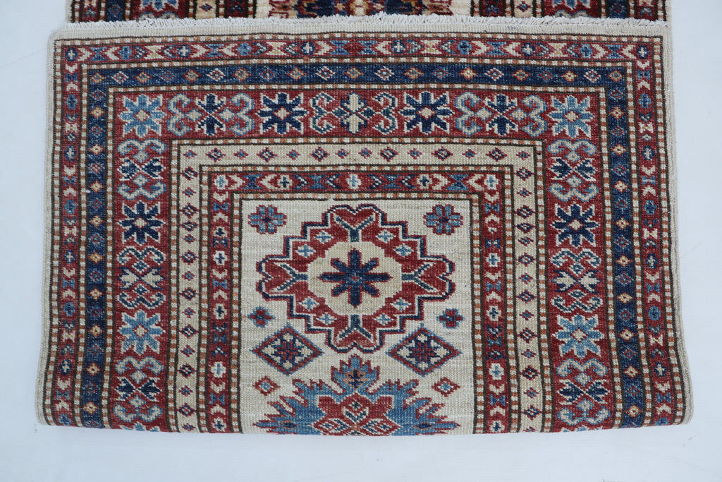 2x6 Beige & Red Super Kazak Geometric Handmade Cotton & Wool Runner Rug | Premium Luxury Runner Rug