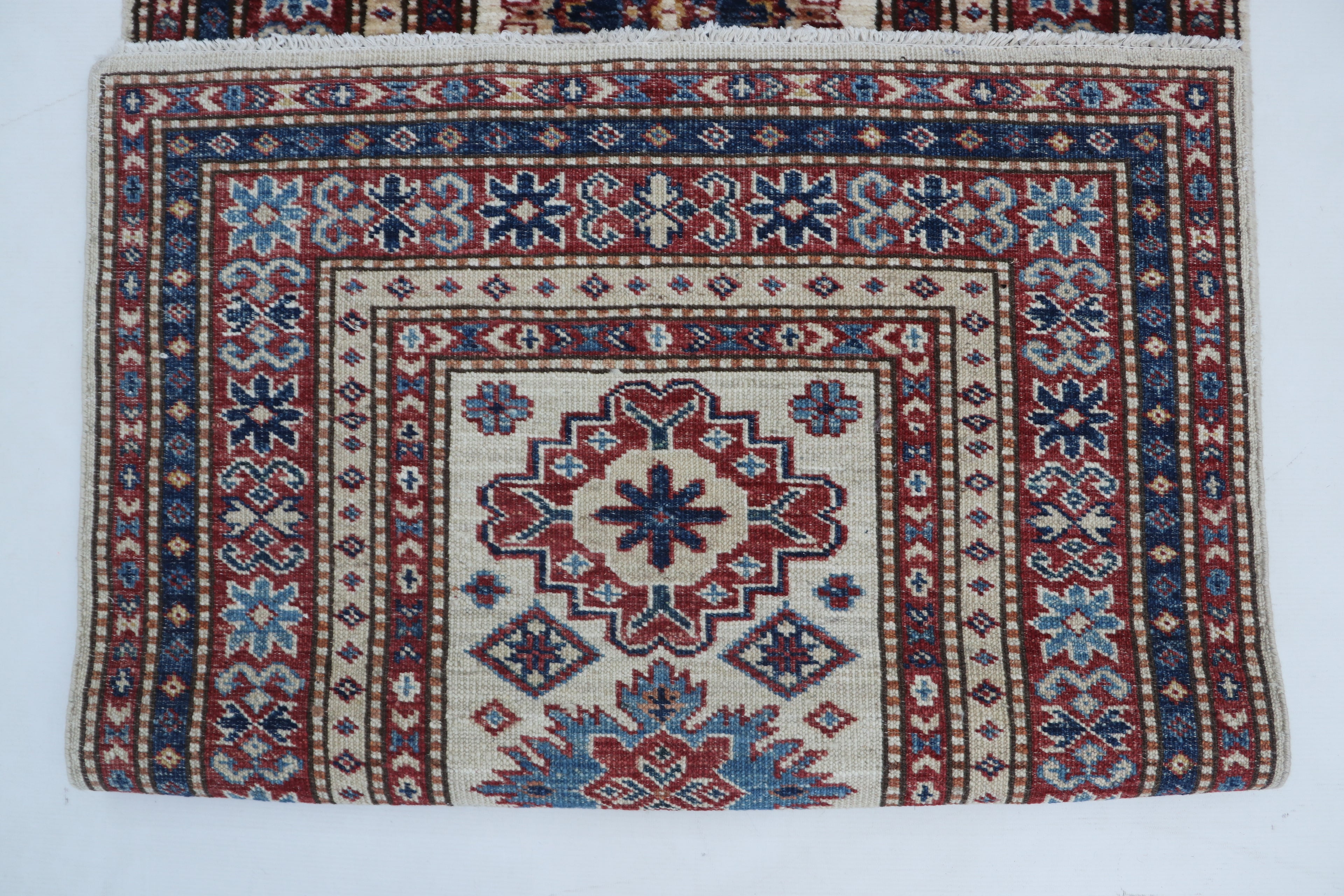 2x6 Beige & Red Super Kazak Geometric Handmade Cotton & Wool Runner Rug | Premium Luxury Runner Rug