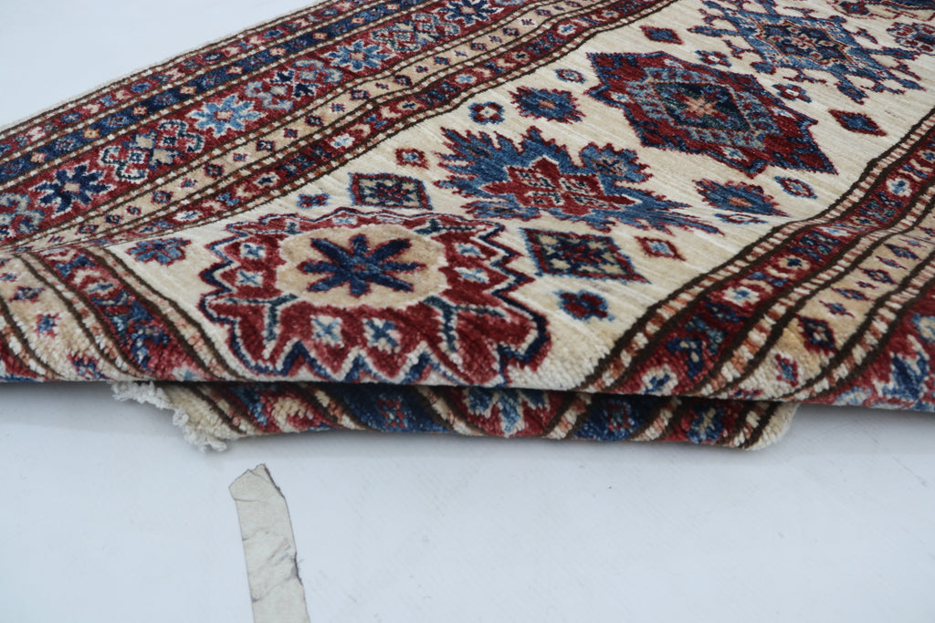 2x6 Beige & Red Super Kazak Geometric Handmade Cotton & Wool Runner Rug | Premium Luxury Runner Rug