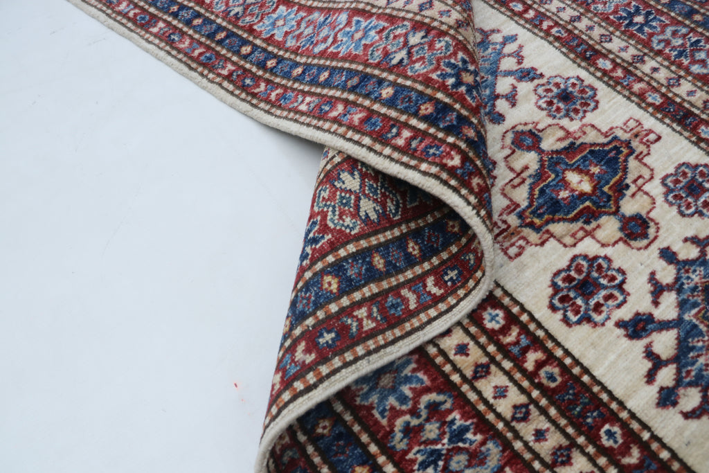 2x6 Beige & Red Super Kazak Geometric Handmade Cotton & Wool Runner Rug | Premium Luxury Runner Rug