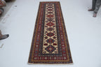 3x8 Beige & Red Super Kazak Geometric Handmade Cotton & Wool Runner Rug | Premium Luxury Runner Rug
