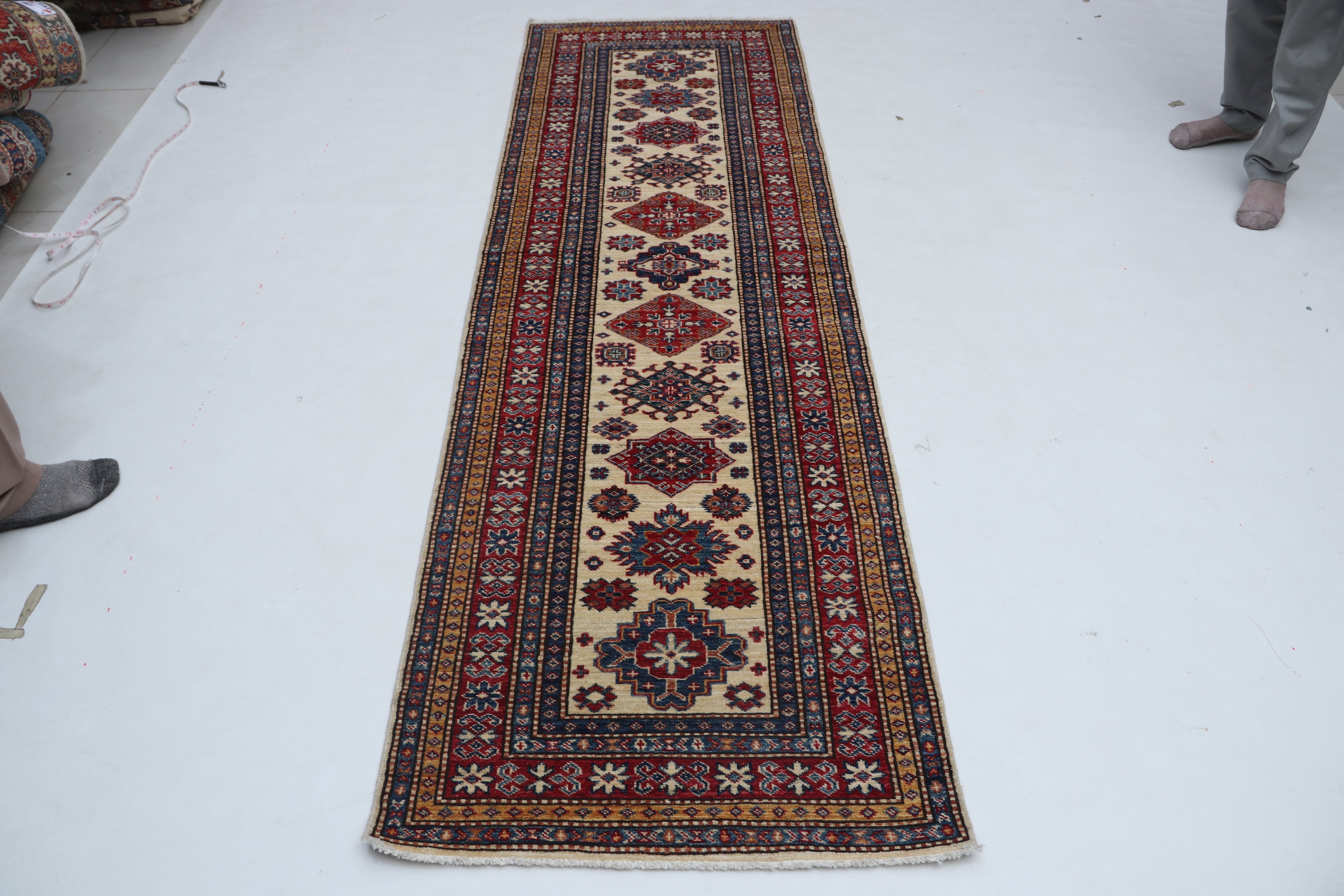 3x8 Beige & Red Super Kazak Geometric Handmade Cotton & Wool Runner Rug | Premium Luxury Runner Rug
