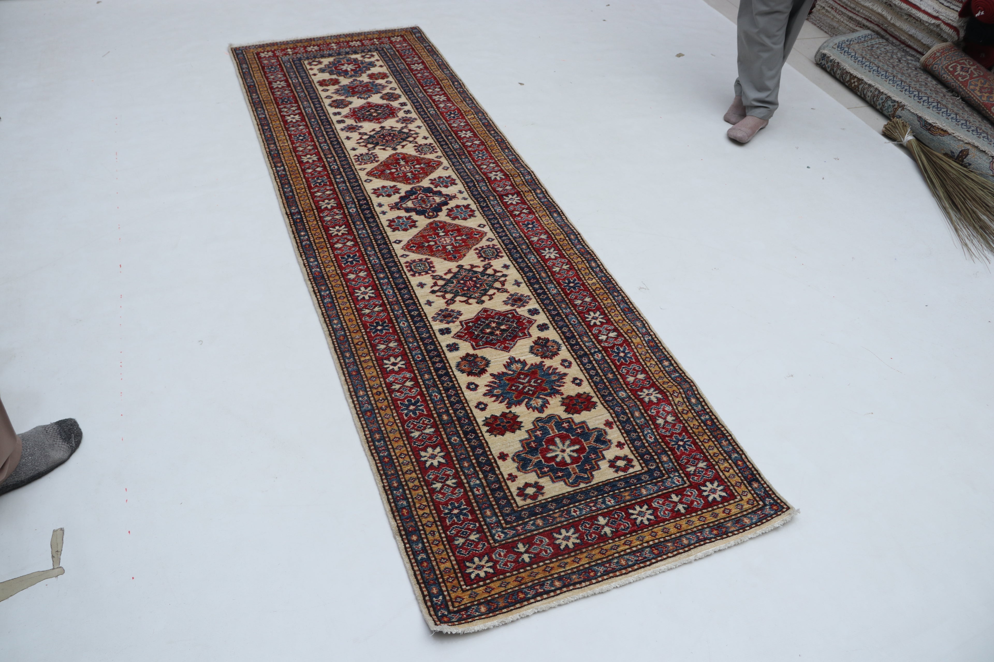 3x8 Beige & Red Super Kazak Geometric Handmade Cotton & Wool Runner Rug | Premium Luxury Runner Rug