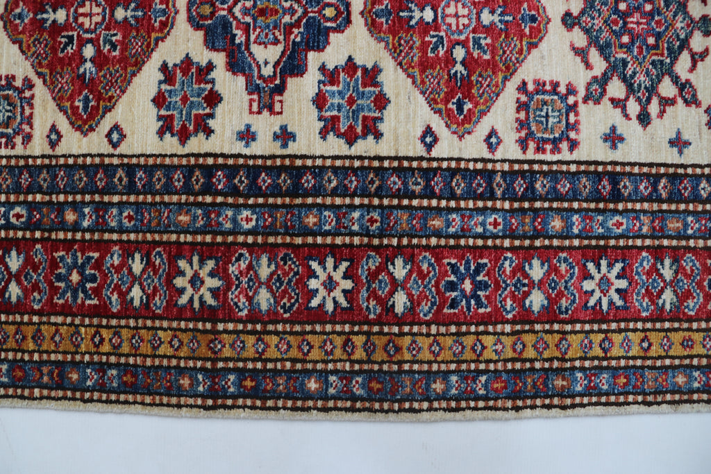 3x8 Beige & Red Super Kazak Geometric Handmade Cotton & Wool Runner Rug | Premium Luxury Runner Rug