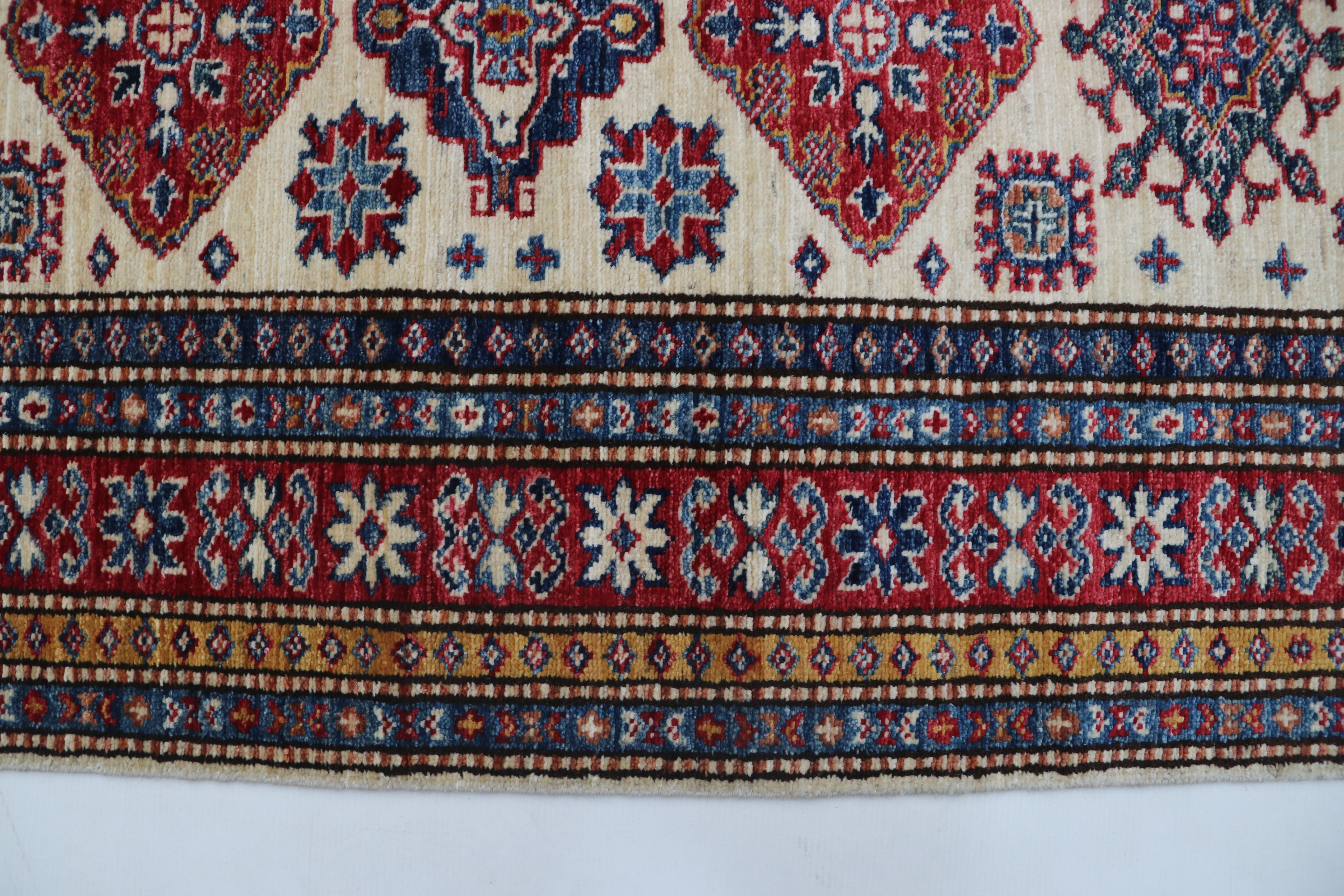 3x8 Beige & Red Super Kazak Geometric Handmade Cotton & Wool Runner Rug | Premium Luxury Runner Rug