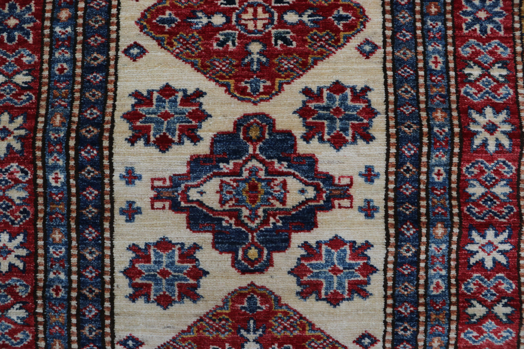 3x8 Beige & Red Super Kazak Geometric Handmade Cotton & Wool Runner Rug | Premium Luxury Runner Rug