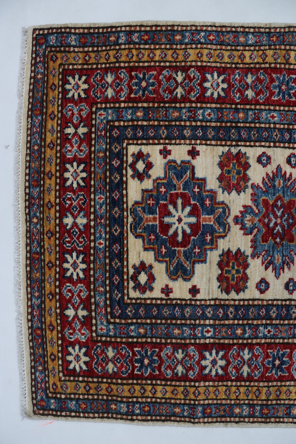 3x8 Beige & Red Super Kazak Geometric Handmade Cotton & Wool Runner Rug | Premium Luxury Runner Rug