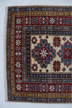 3x8 Beige & Red Super Kazak Geometric Handmade Cotton & Wool Runner Rug | Premium Luxury Runner Rug