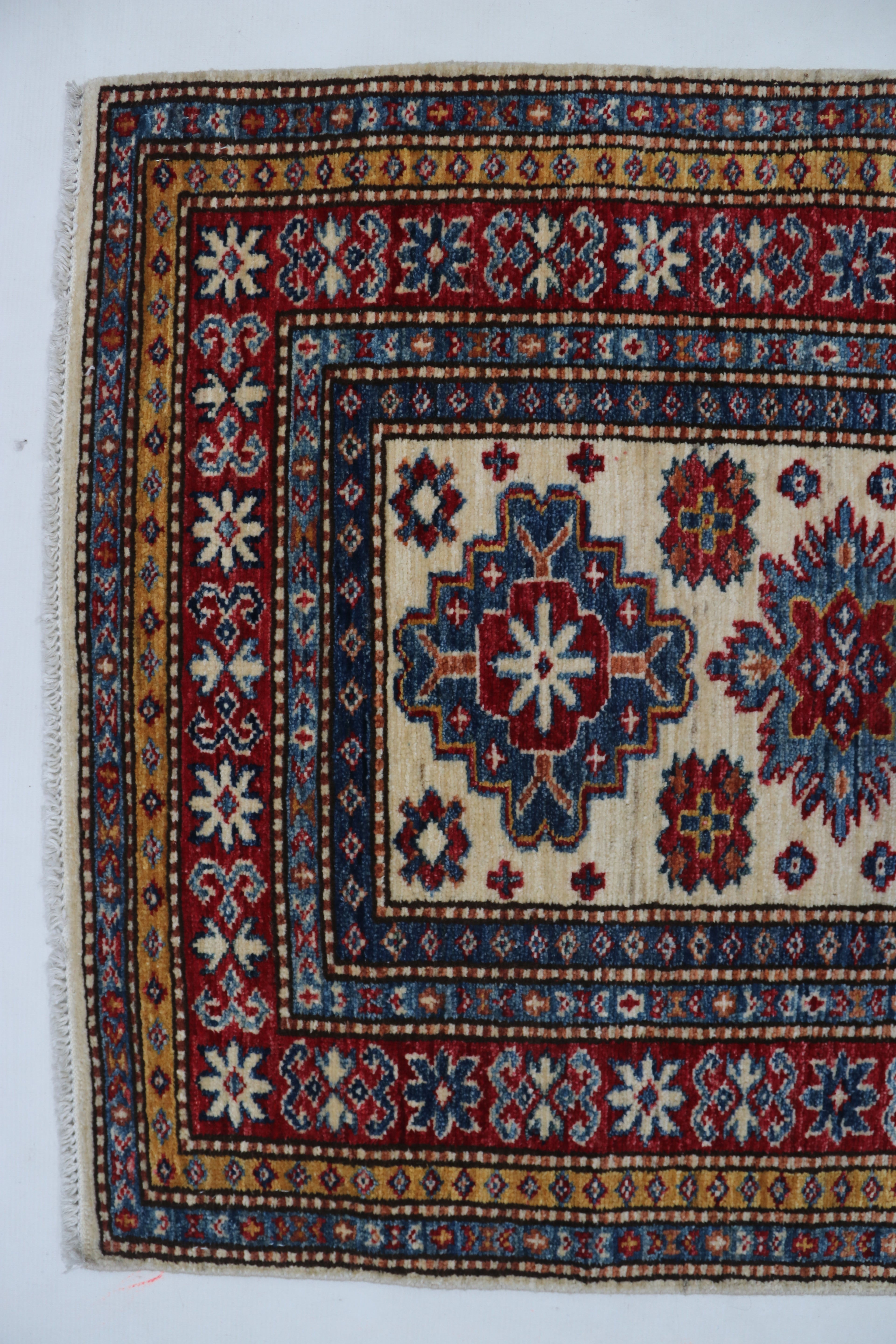 3x8 Beige & Red Super Kazak Geometric Handmade Cotton & Wool Runner Rug | Premium Luxury Runner Rug