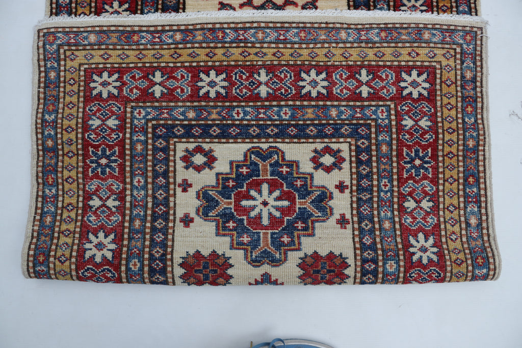 3x8 Beige & Red Super Kazak Geometric Handmade Cotton & Wool Runner Rug | Premium Luxury Runner Rug