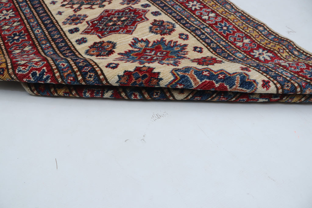 3x8 Beige & Red Super Kazak Geometric Handmade Cotton & Wool Runner Rug | Premium Luxury Runner Rug
