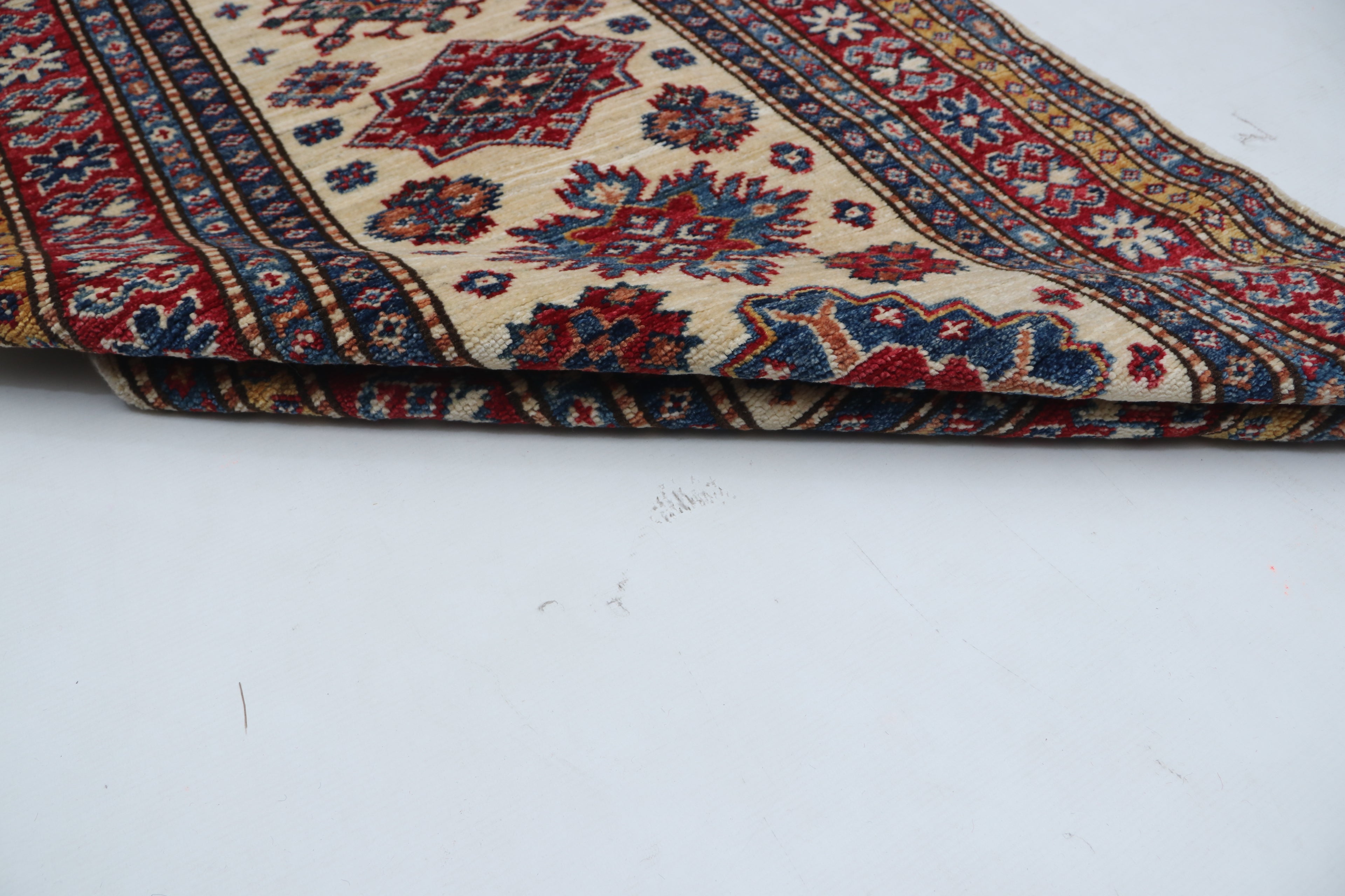 3x8 Beige & Red Super Kazak Geometric Handmade Cotton & Wool Runner Rug | Premium Luxury Runner Rug