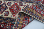 3x8 Beige & Red Super Kazak Geometric Handmade Cotton & Wool Runner Rug | Premium Luxury Runner Rug