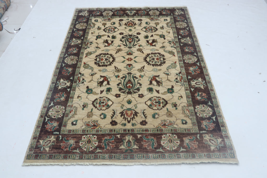 5x8 Beige & Brown Chobi Area Rug | Handmade Wool & Cotton Floral Rug | Luxury Chobi Rug