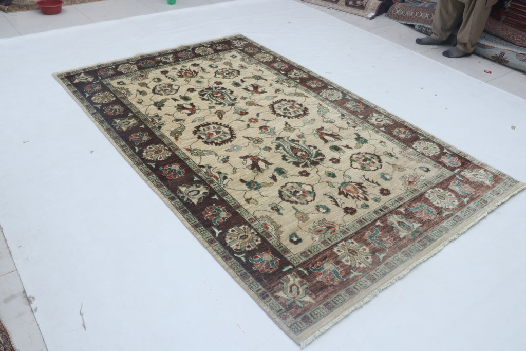 5x8 Beige & Brown Chobi Area Rug | Handmade Wool & Cotton Floral Rug | Luxury Chobi Rug