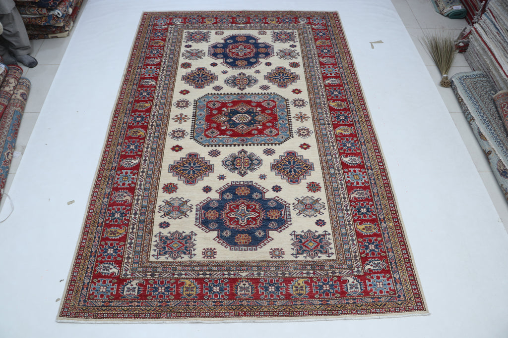6x10 Super Kazak Geometric Area Rug | Handmade Cotton & Wool Rug | Vegetable Dyed