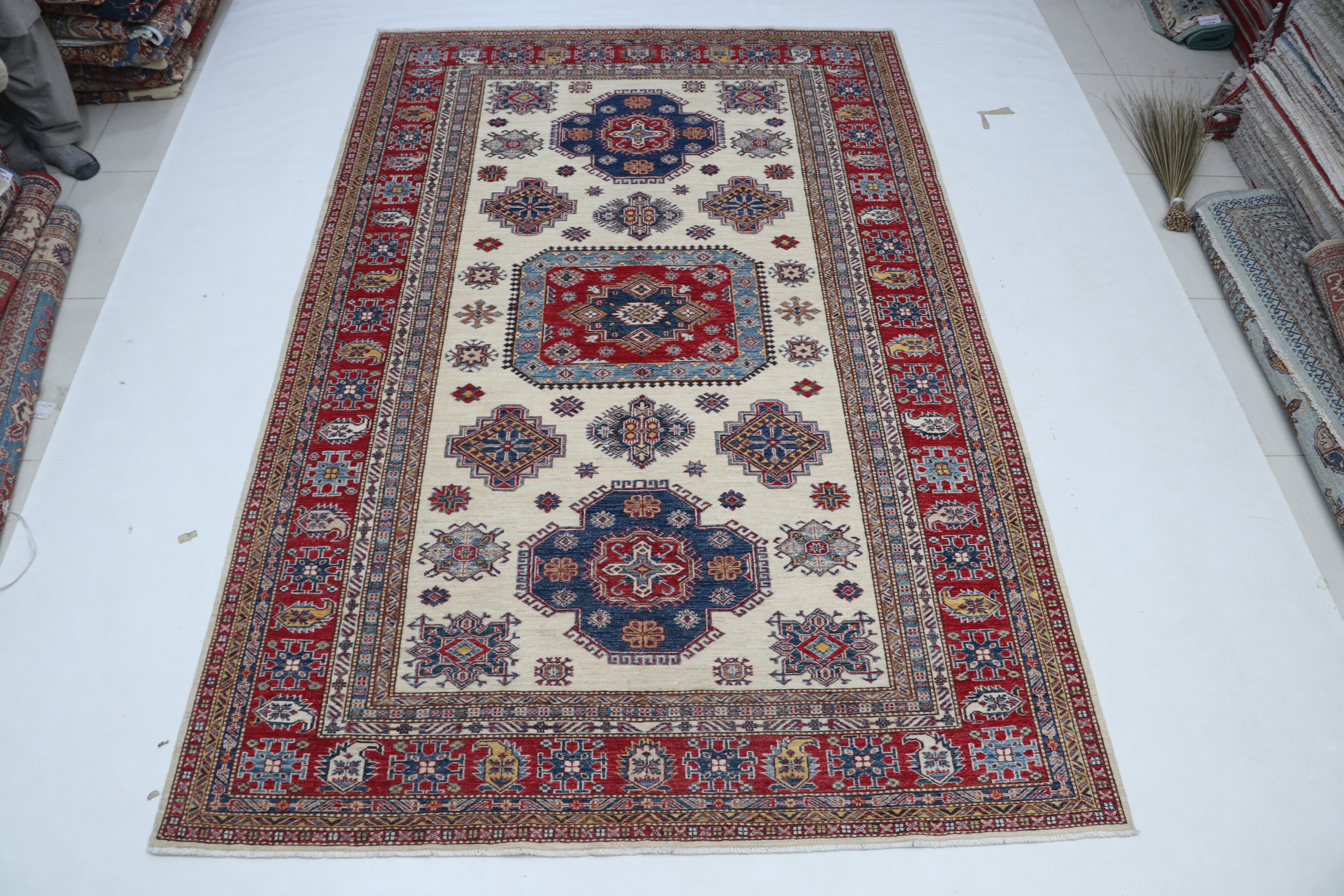 6x10 Super Kazak Geometric Area Rug | Handmade Cotton & Wool Rug | Vegetable Dyed