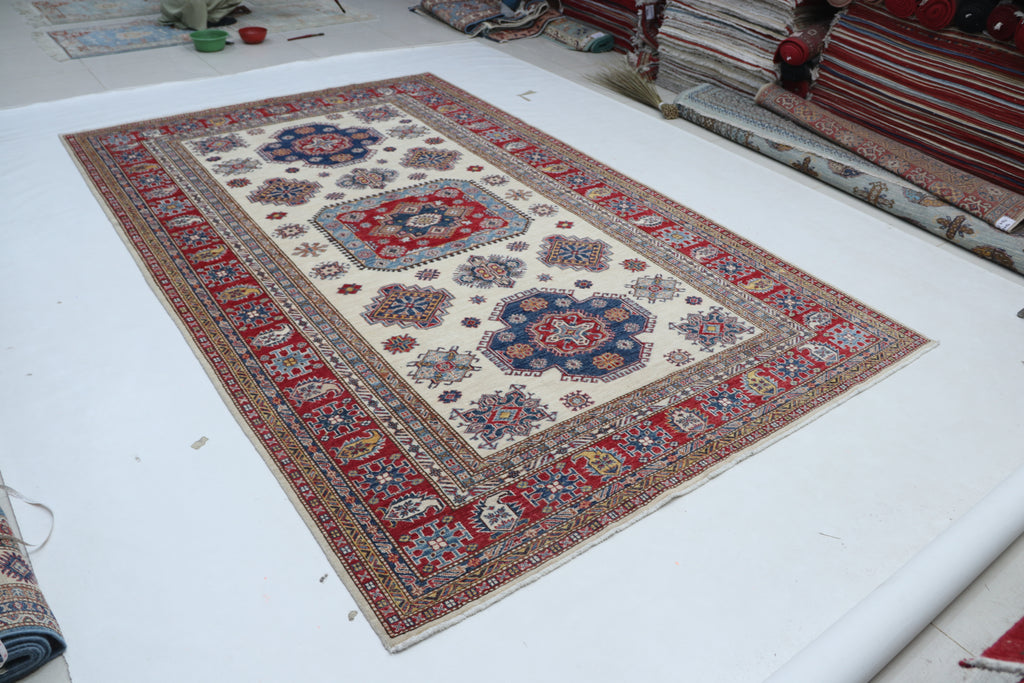 6x10 Super Kazak Geometric Area Rug | Handmade Cotton & Wool Rug | Vegetable Dyed