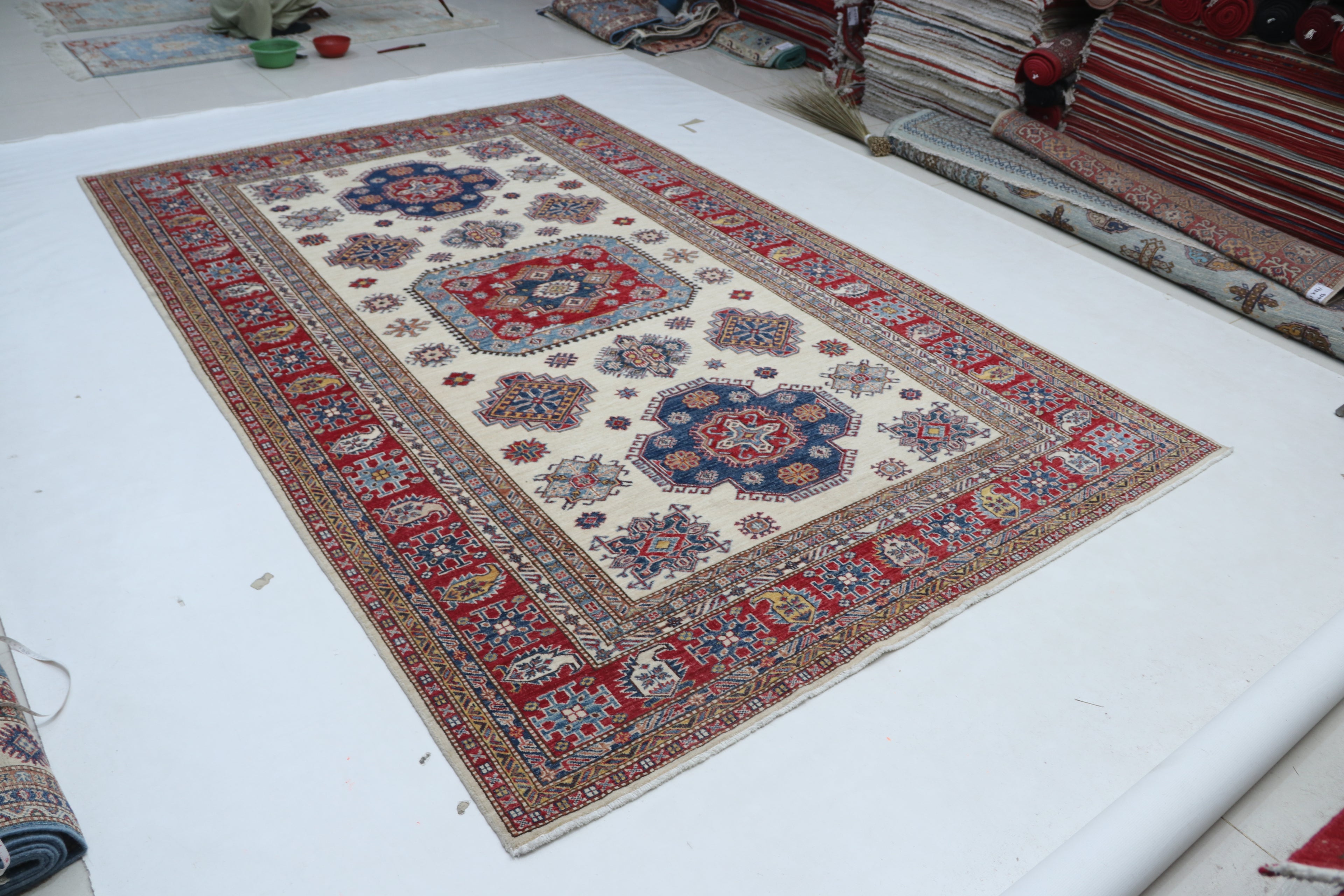 6x10 Super Kazak Geometric Area Rug | Handmade Cotton & Wool Rug | Vegetable Dyed