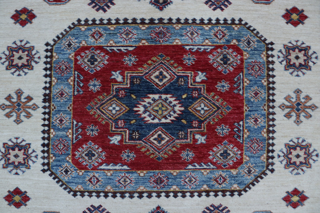 6x10 Super Kazak Geometric Area Rug | Handmade Cotton & Wool Rug | Vegetable Dyed
