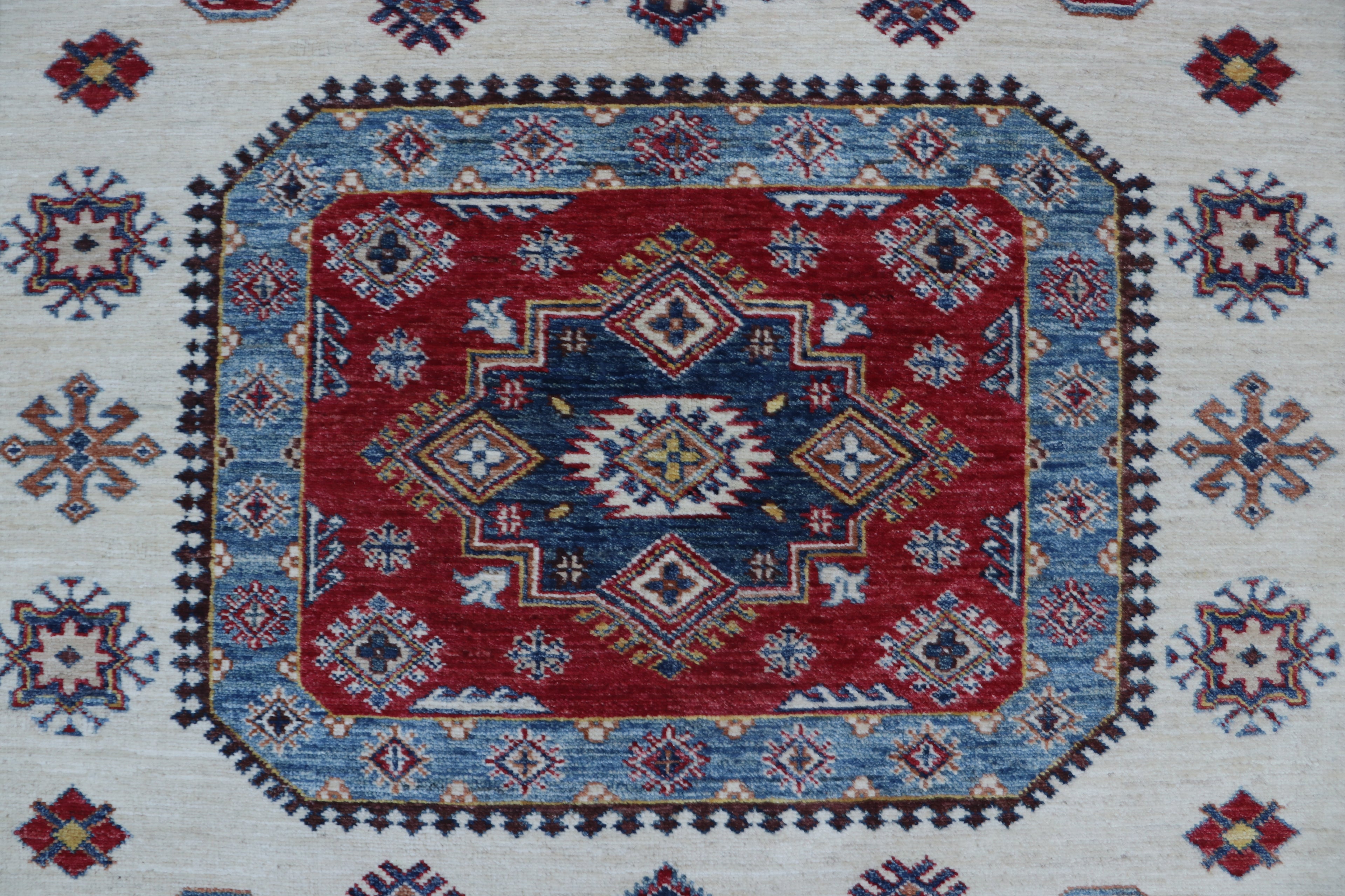 6x10 Super Kazak Geometric Area Rug | Handmade Cotton & Wool Rug | Vegetable Dyed