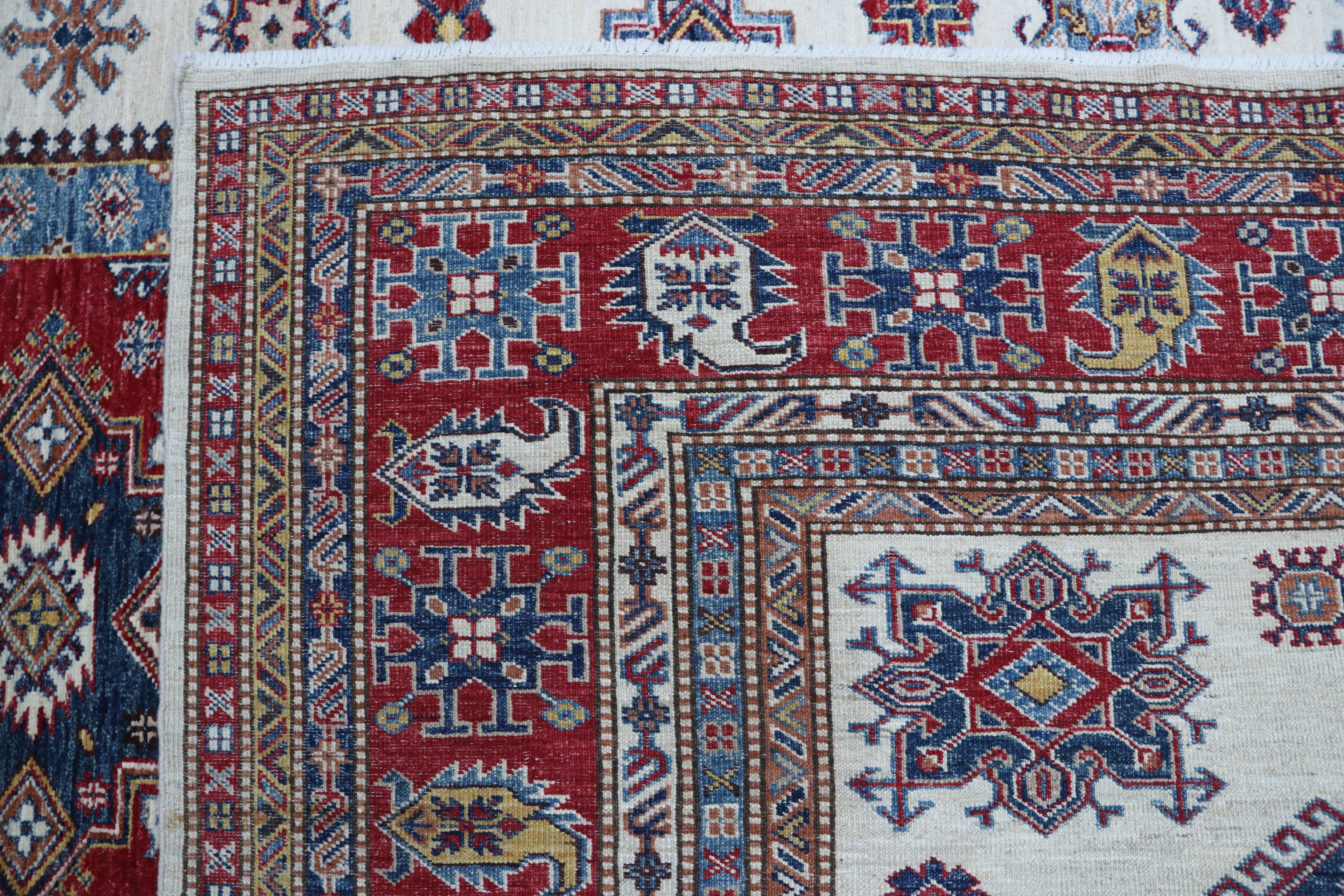 6x10 Super Kazak Geometric Area Rug | Handmade Cotton & Wool Rug | Vegetable Dyed