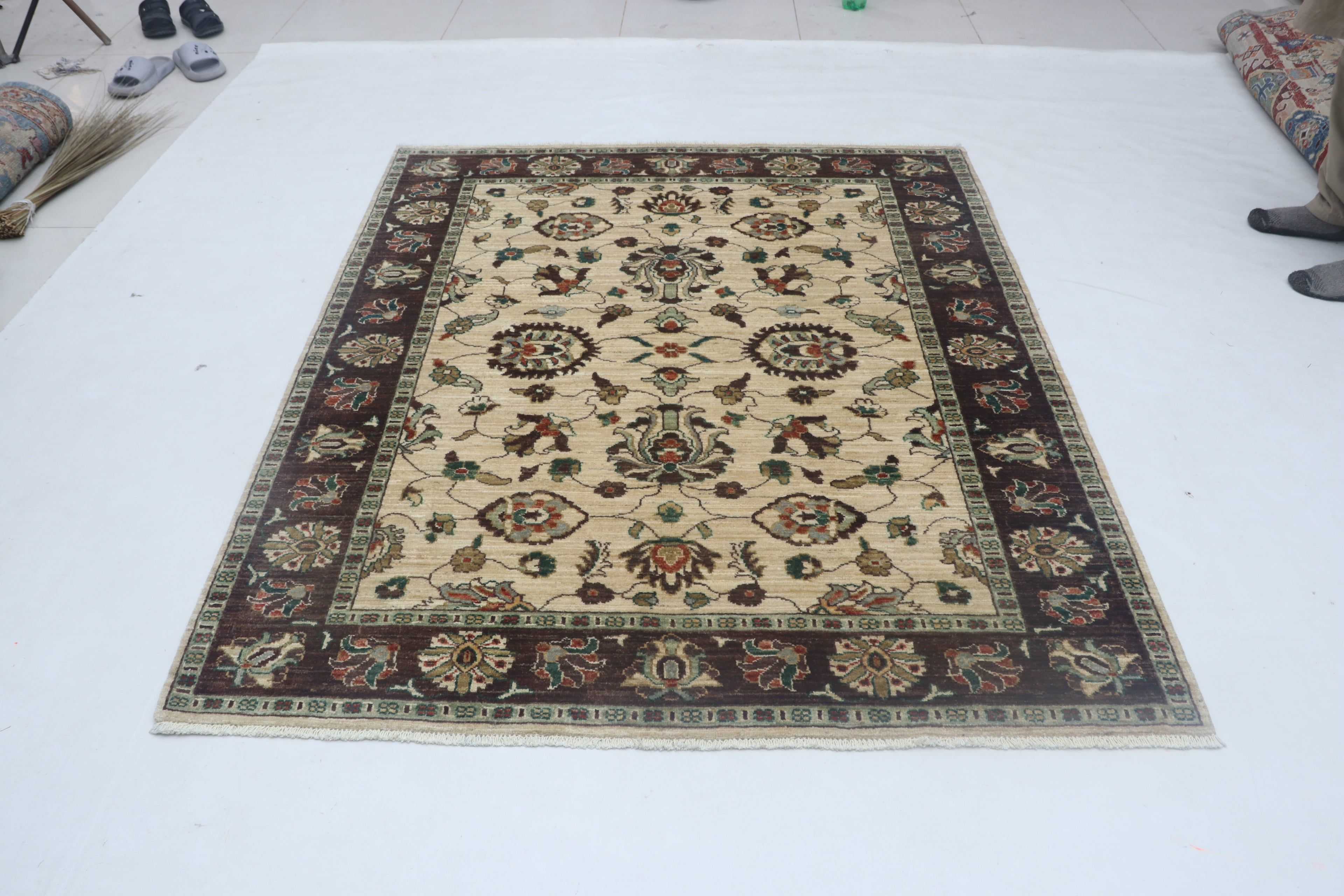 5x6 Beige & Brown Chobi Area Rug | Handmade Wool & Cotton Floral Rug | Luxury Chobi Rug