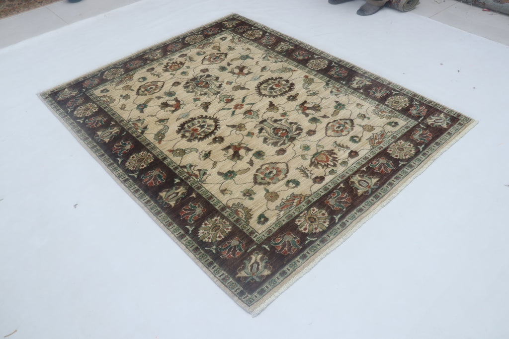 5x6 Beige & Brown Chobi Area Rug | Handmade Wool & Cotton Floral Rug | Luxury Chobi Rug