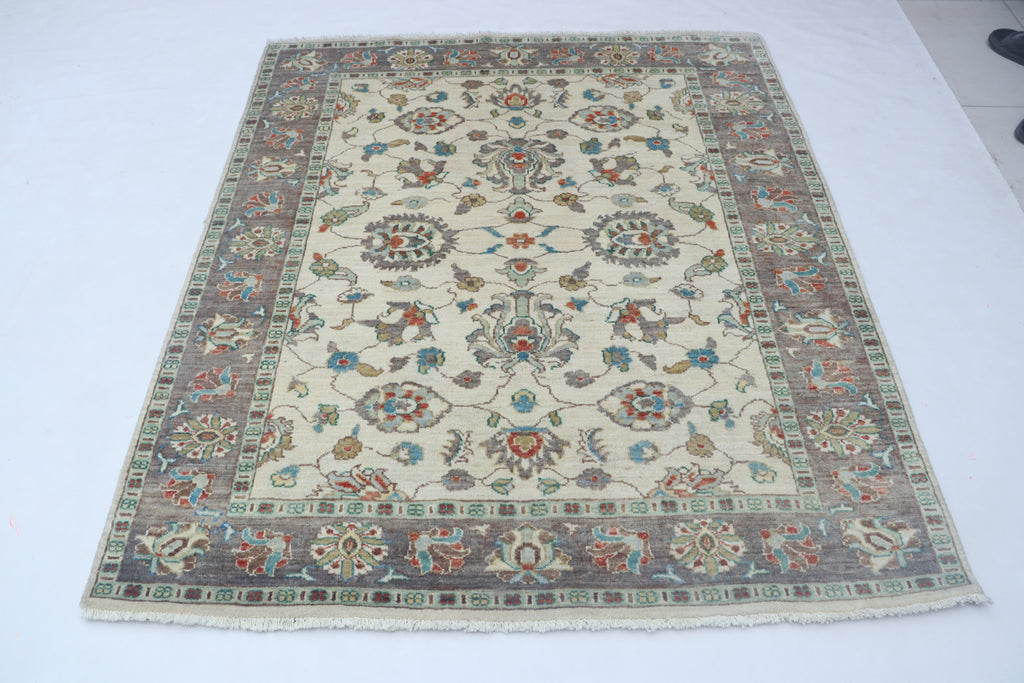 5x6 Beige & Gray Chobi Area Rug | Handmade Wool & Cotton Floral Rug | Luxury Chobi Rug