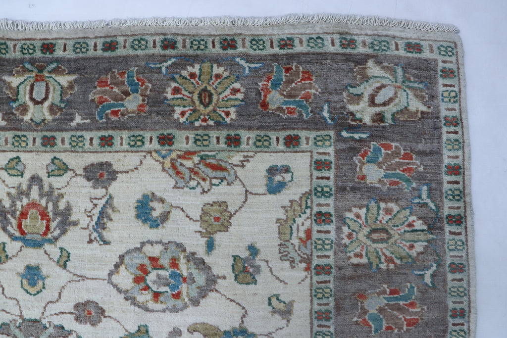 5x6 Beige & Gray Chobi Area Rug | Handmade Wool & Cotton Floral Rug | Luxury Chobi Rug