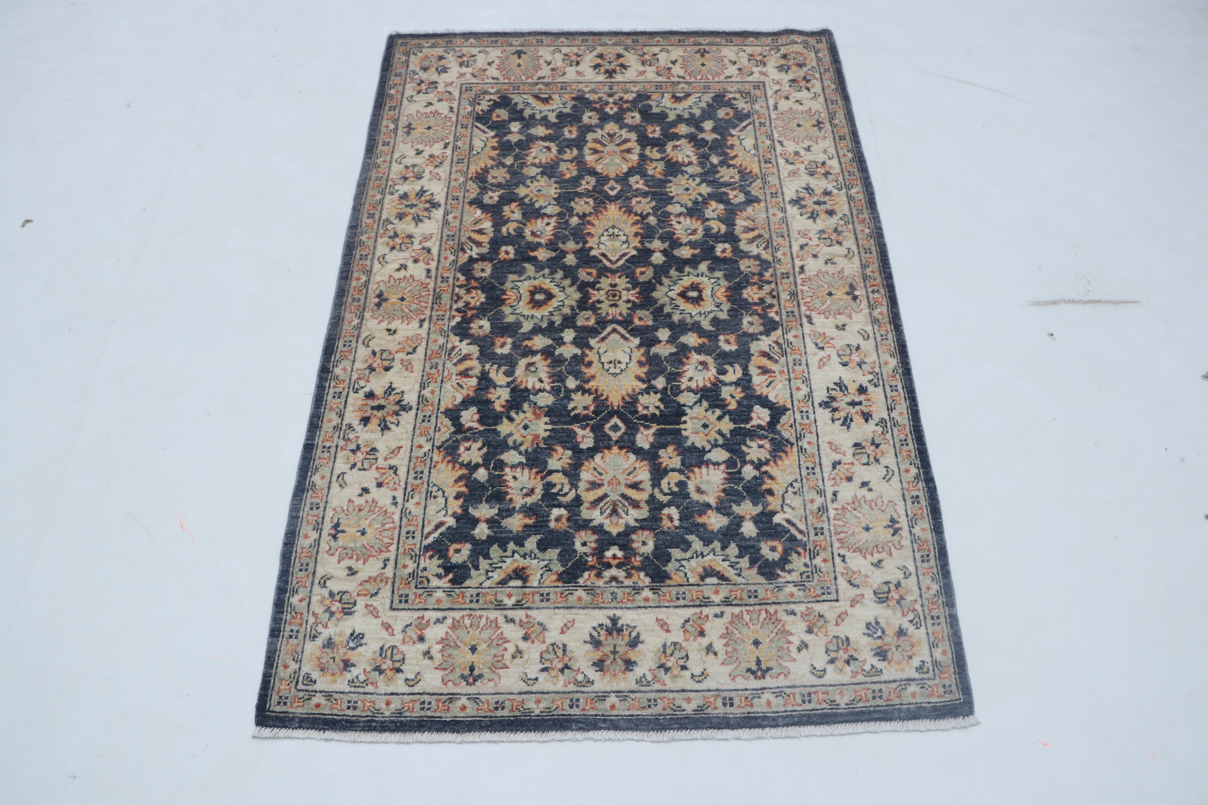 3x5 Beige & Blue Chobi Area Rug | Handmade Wool & Cotton Floral Rug | Luxury Chobi Rug