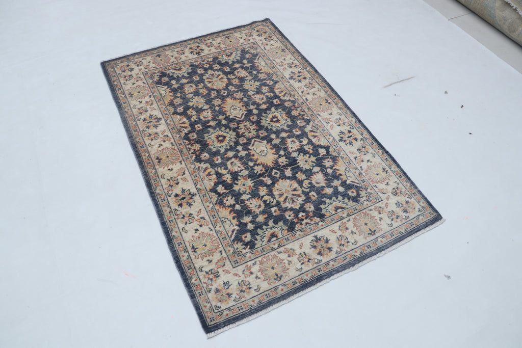 3x5 Beige & Blue Chobi Area Rug | Handmade Wool & Cotton Floral Rug | Luxury Chobi Rug