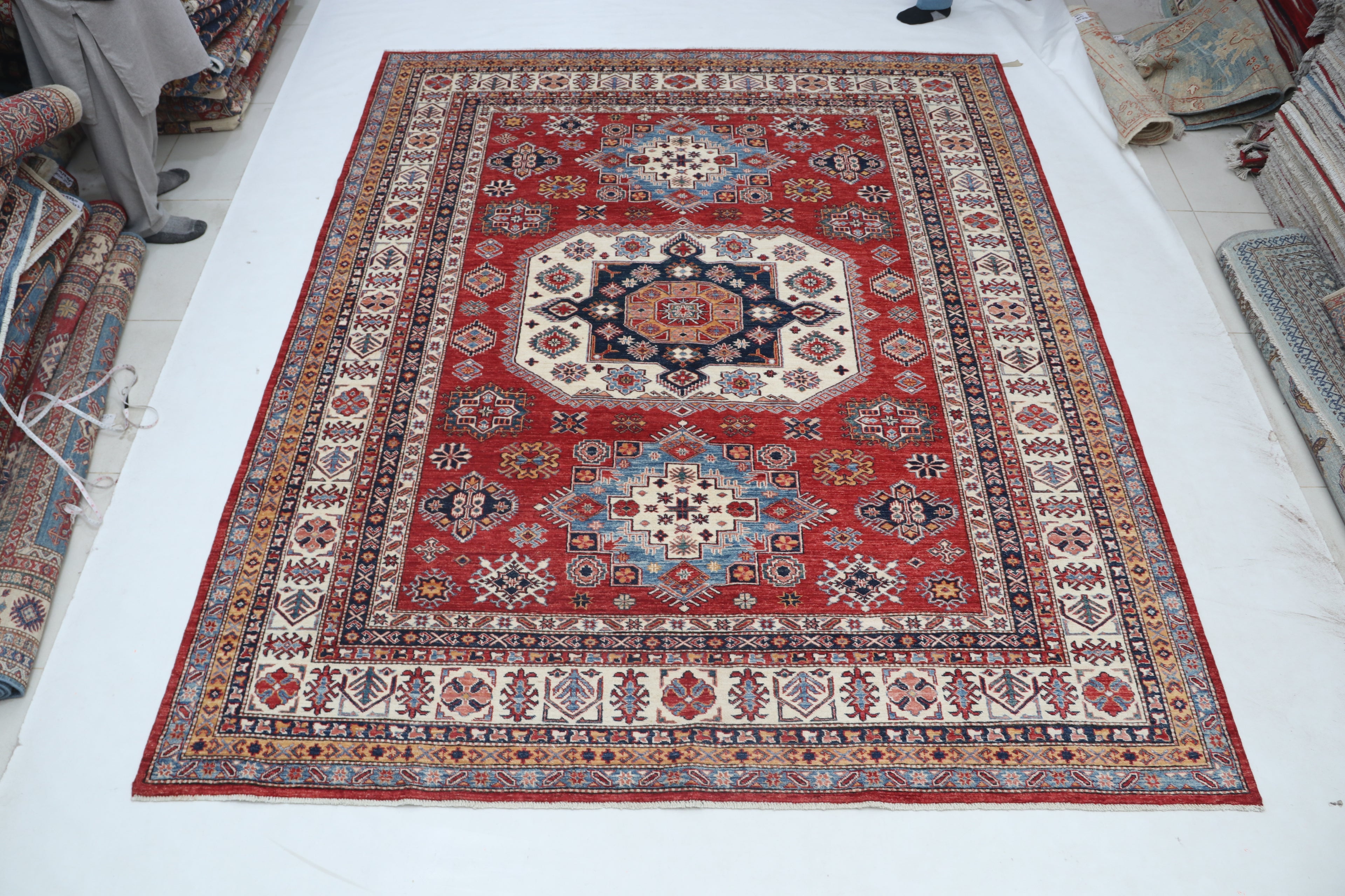 8x10 Super Kazak Geometric Area Rug | Handmade Cotton & Wool Rug | Vegetable Dyed